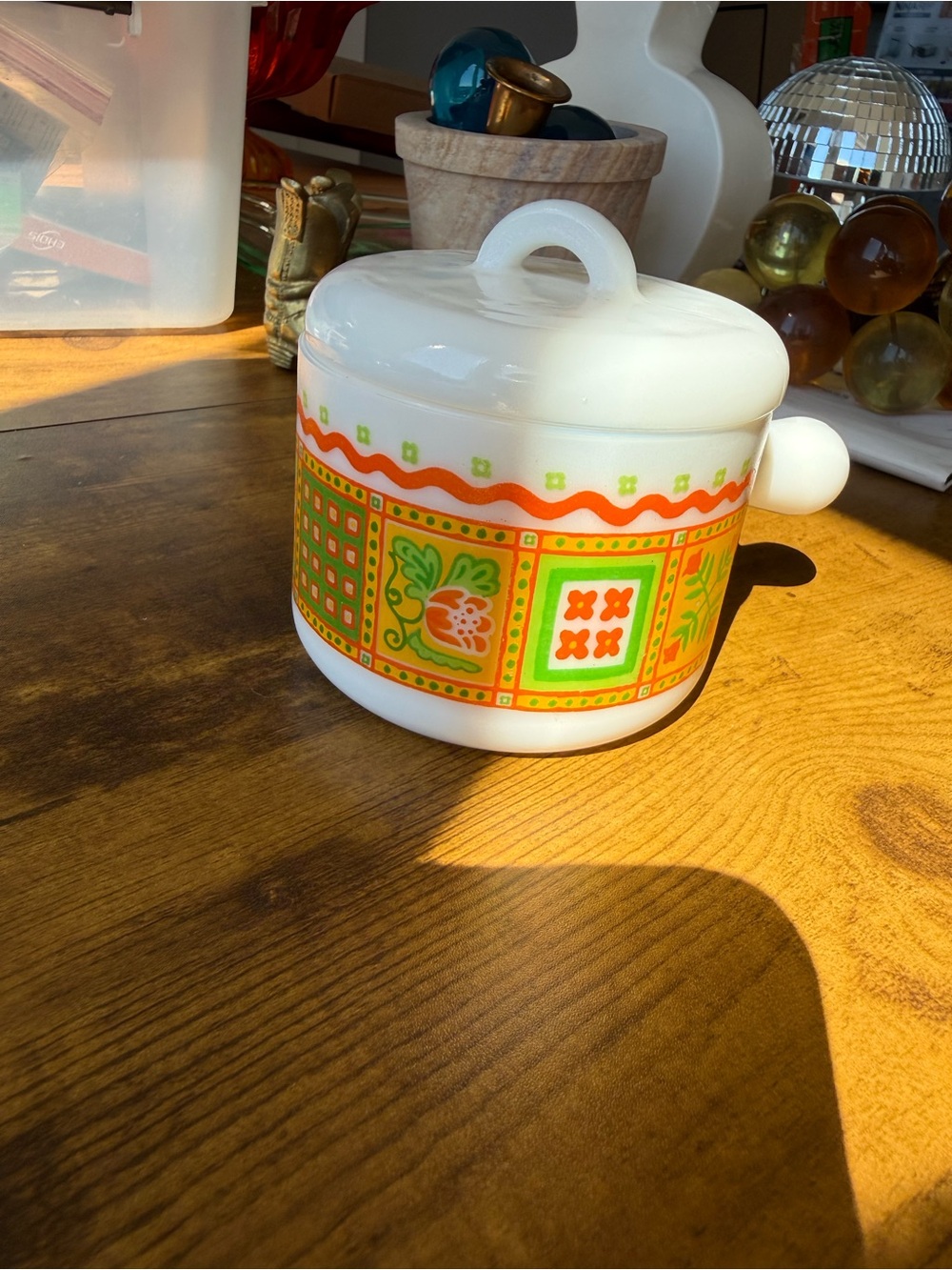 Vintage 1970s Avon milk glass lidded pot or candle holder with bright pattern